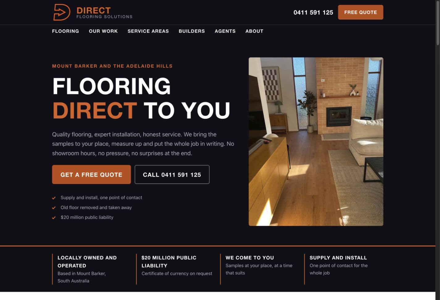 Desktop screenshot of Direct Flooring Solutions, with its Flooring direct to you headline and a completed flooring project.